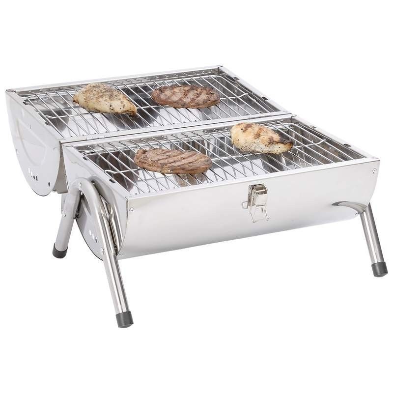 Tragbarer Doppelfass-Holzkohlegrill aus Edelstahl